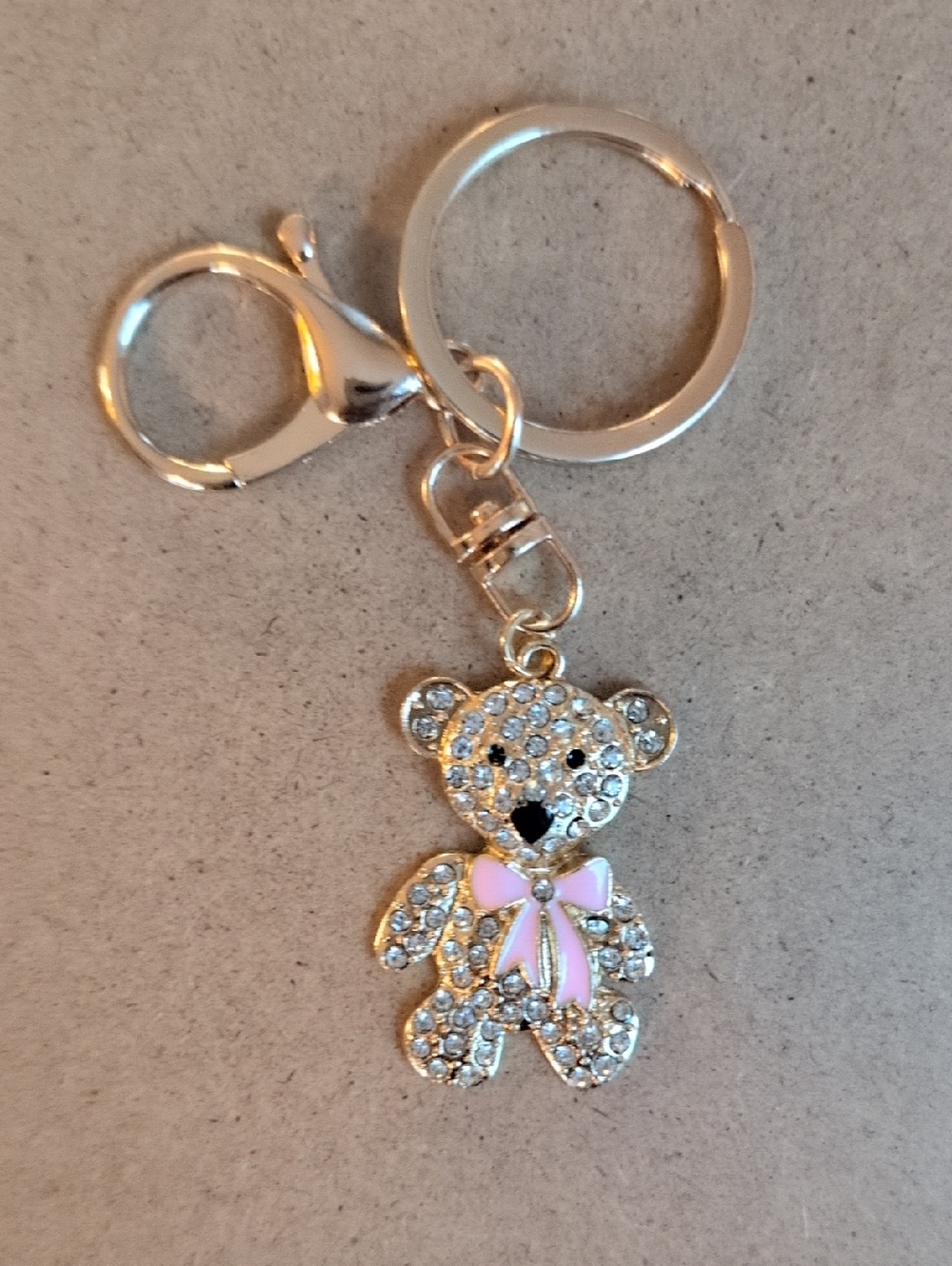 Gold Crystal Teddy Bear Keychain with Pink Bow